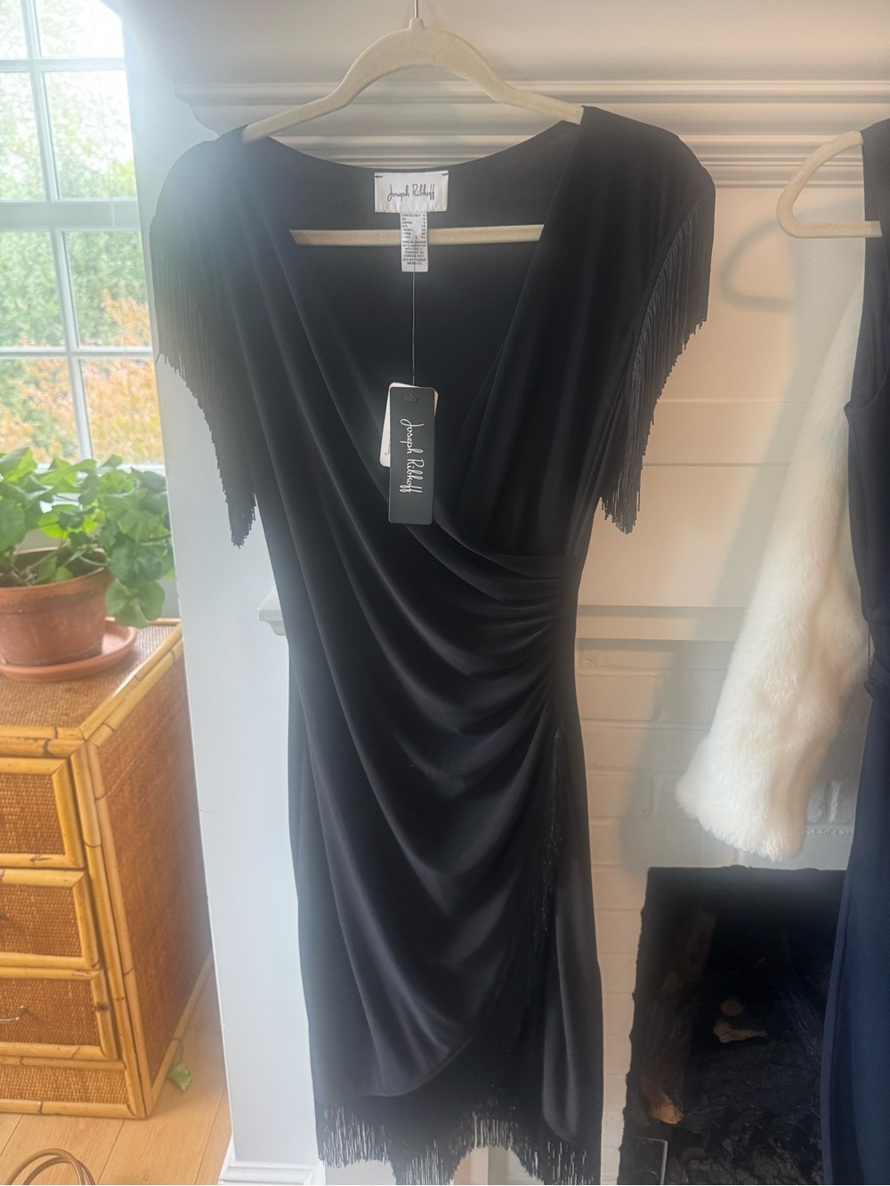 Joseph Ribkoff Black Fringe Draped Midi Dress